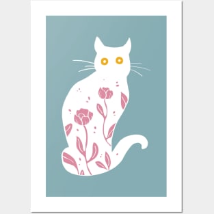 White kitty with pink flowers Posters and Art